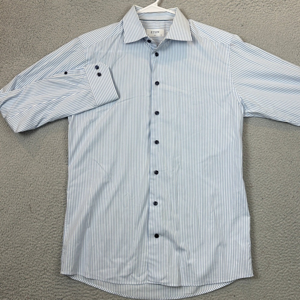 Eton Shirt Mens 16.5-42 Slim Fit Blue White Stripe Dress Long Sleeve Formal EUC